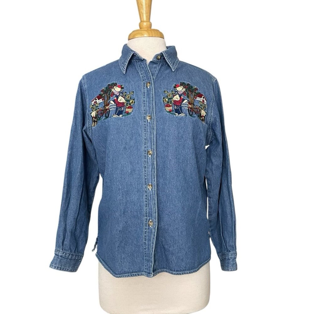 Cabin Creek Womens Shirt Petite Large Embroidered Denim  Bears Apple Picking